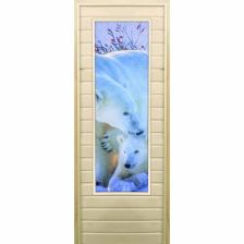 Дверь для бани со стеклом (43*129), "Белые медведи", 190x70см, коробка из осины
