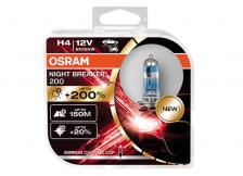 Лампа автомобильная OSRAM NIGHT BREAKER 200 H4, 3900 K, +200% ярче 2 шт – фото 1