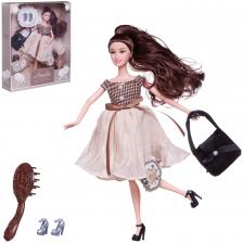 Кукла ABtoys "Amelia. Современный шик"в платье с плиссированной юбкой, черная сумка, темные волосы 30см