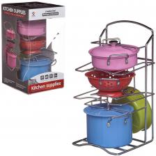 Игровой набор Junfa Посуда металлическая (разноцветная) с подставкой-держателем, в наборе 7 предметов
