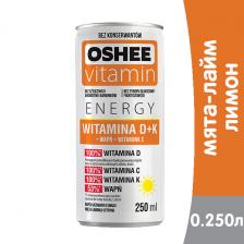 Функциональный напиток Oshee Energy Vitamin D+K мята-лайм и лимон 0.25 литра, ж/б, 24 шт. в уп.
