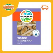 Мидии и кальмар отварные Меридиан в желе с зеленью