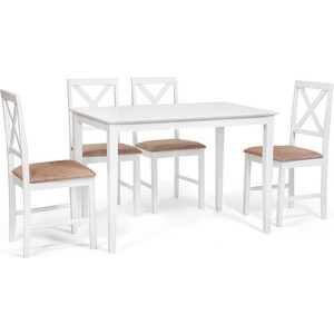 Обеденный комплект TetChair Хадсон (стол + 4 стула)/ Hudson Dining Set дерево гевея/ мдф pure white (белый 2-1) ткань коричнево-золотая (1505)