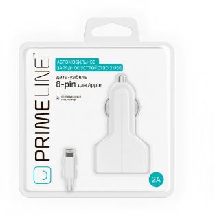 Автомобильное зарядное устройство Prime Line 2.1A 2xUSB дата кабель Lightning белый (2215)