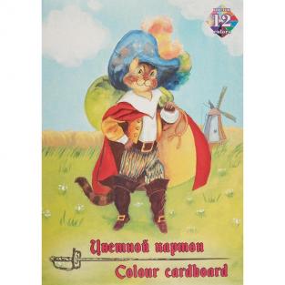 Картон цветной Лилия Холдинг Кот в сапогах (А4, 12 листов, 12 цветов, мелованный)