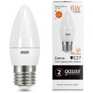 Светодиодная лампа Gauss Elementary LED Candle E27 6W 3000K 33216