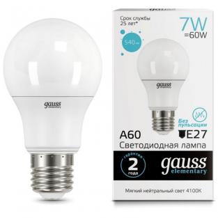 Светодиодная лампа Gauss Elementary LED A60 E27 7W 4100K 23227A x10