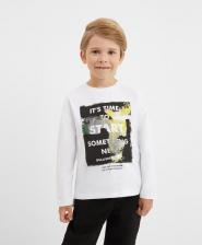 Футболка, поло для мальчика Gulliver Лонгслив трикотажный с принтом белый для мальчика, 128, 22406BMC1206