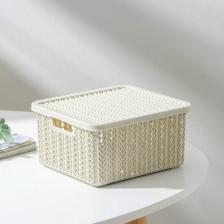 Корзина IDEA Корзина 1.5 л, прямоугольная, плетеная, пластик, белый ротанг, с крышкой, Вязание, М2368