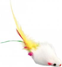 Игрушка для кошек Пижон Мышь меховая однотонная с перьями 6,5 см, белая