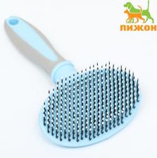 Инструмент для ухода за животными Пижон Пуходерка пластиковая мягкая с закругленными зубьями средняя, 9,5х16,5см голубая