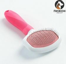 Инструмент для ухода за животными Пижон Пуходерка Premium с силиконовой ручкой, с каплями, 9,8 х 18,5 см, розовая