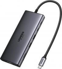 Кабель/переходник UGreen Конвертер CM639 45520_ 11-in-1 4K@60Hz 2xUSB-C 3.2+USB-A 3.2+USB-A 3.0+HDMI+VGA+RJ45 Gigabit+SD/TF+AUX3.5mm+PD Converter. Цвет: серый
