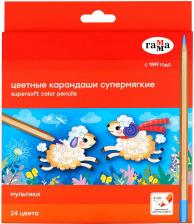 Карандаш Гамма Карандаши цветные "Мультики", 24 цвета, супермягкие, увеличенный диаметр грифеля 4,0 мм, заточенные