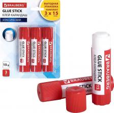 Клей канцелярский Brauberg Клей-карандаш 15 г выгодная упаковка, 3 штуки на блистере, 271307
