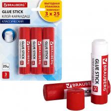 Клей канцелярский Brauberg Клей-карандаш 25 г выгодная упаковка, 3 штуки на блистере, 271306