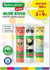 Клей канцелярский Brauberg Клей-карандаш "Зверята: хрюшка, тигр, панда", 9 г, фигурный колпачок, 3 штуки