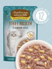 Консервы Деревенские Лакомства Корм для кошек Утка с лососем в нежном желе пауч 70г