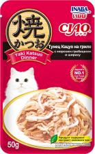 Консервы Inaba Корм для кошек Yaki Katsuo Dinner Тунец Кацуо на гриле с морским гребешком и ширасу пауч 50г