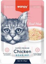 Консервы Wanpy Cat влажный корм для взрослых кошек с кусочками курицы и креветок, в паучах - 85 г х 12 шт