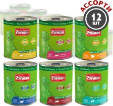 Корм для собак Четвероногий гурман Консервы для щенков Мясное ассорти из 6 вкусов, 12шт по 340г