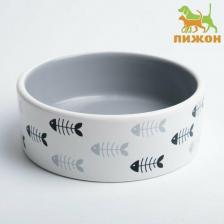 Кормушка Пижон Миска для животных керамическая "Рыбные косточки", 12,5 x 4,5 cм, серо-белая