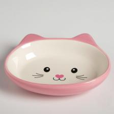 Кормушка Пижон Миска керамическая овальная "Кошачья мордочка" 200 мл, розовая