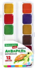 Краска для рисования Brauberg Краски акварельные "Kids", медовые, 12 цветов, квадратные кюветы, пластиковый пенал