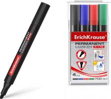 Маркер Erich Krause Набор маркеров перманентных P-170, 4 штуки, 2.0 мм, чернила на спиртовой основе, чёрный, синий, красный, зелёный