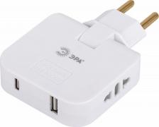 Переходник Эра SPF-2-FL-USBC Разветвитель электрический SPF-2-FL-USBC поворотный на 2 розетки + 2USB A+C 10А белый, цена за 1 шт