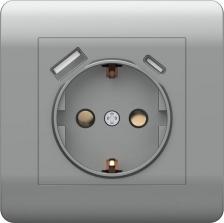 Розетка CHINT Розетка NEW3-E 16А с заземлением защитные шторки с 2-мя зарядными устройствами USB A+C 5В/2.1А серебро 431454