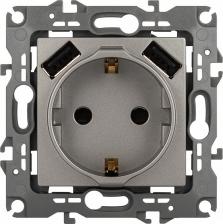 Розетка Эра 12-4109-16 Розетка Серия 12 12-4109-16, 2P+E 16A-250В, штор. с 2xUSB 5В-3А, титан, цена за 1 шт
