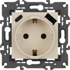 Розетка Эра 14-4108-02 Розетка Elegance 14-4108-02 2P+E 16A-250В со шторками с USB type-A+C 5В-3А слоновая кость, цена за 1 шт
