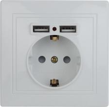 Розетка Intro 1-410-01 Розетка Plano 1-410-01 с заземлением 2P+E Schuko со шторками, 16А-250В + 2хUSB 5В-2,1А, IP20, СУ, белый, цена за 1 шт