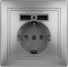 Розетка Intro 1-410-03 Розетка Plano 1-410-03 с заземлением 2P+E Schuko со шторками, 16А-250В + 2хUSB 5В-2,1А, IP20, СУ, алюминий, цена за 1 шт