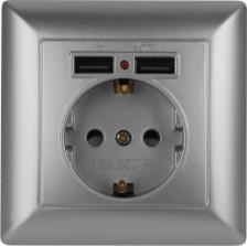 Розетка Intro 4-410-03 Розетка Solo 4-410-03 с заземлением P+E Schuko со шторками, 16А-250В + 2хUSB, IP20, СУ, алюминий, цена за 1 шт