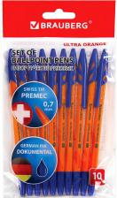 Ручка Brauberg Ручки шариковые "ULTRA ORANGE", СИНИЕ, НАБОР 10 штук, корпус оранжевый, узел 0,7 мм, 143571