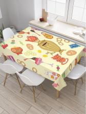 Скатерть JoyArty Прямоугольная скатерть Самовар и сладости из сатена tc_378772_120x145 надежно защищает поверхность стола от грязи, легко стирается и практически не