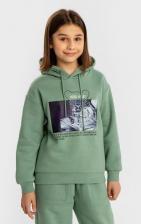 Свитер для девочки Button Blue Толстовка оверсайз с капюшоном и принтом зеленая, 158, 224BBGJC1601