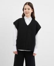 Свитер для девочки Gulliver Жилет вязаный прямой свободной формы со спущенным плечом черный для девочки 4630057419225