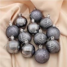 Товар для праздника Зимнее волшебство Набор шаров пластик d-5 см, 12 шт "Новогодние ветви" серый