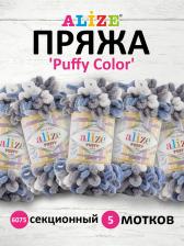 Товары для творчества, хобби Alize Пряжа Puffy color белый-джинс-серый, 100%микрополиэстер, 9м, 100г, 2шт