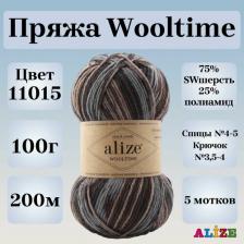 Товары для творчества, хобби Alize Пряжа Wooltime - 5 мотков Цвет: 11015 коричневый принт 75% шерсть, 25% полиамид, 100г 200м