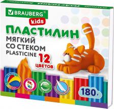 Товары для творчества, хобби Brauberg 106495, Пластилин мягкий восковой KIDS, 12 цветов, 180 г, со стеком, 106495
