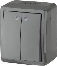 Выключатель Эра 11-1405-03 11-1405-03 Выключатель двойной с подсветкой IP54, 10АХ-250В, ОУ, Эксперт, серый, цена за 1 шт