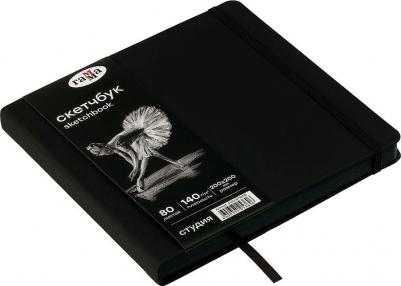 Скетчбук 80л, 200*200 "Студия", черный, твердая обложка, на резинке, черная, 140г/м2 – фото 2
