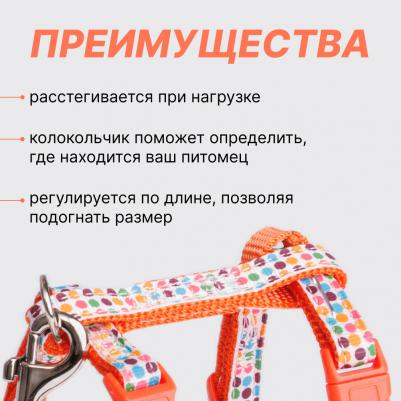 Шлейка с поводком нейлоновые для кошек, 1х37 см, длина поводка 120 см, оранжевый – фото 6