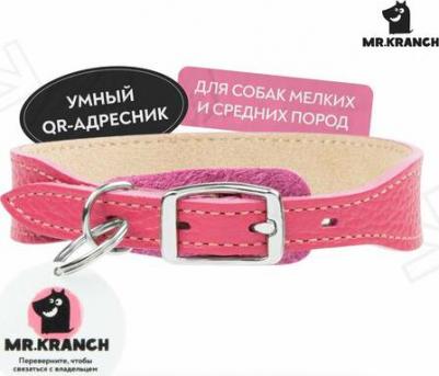 Ошейник для собак из натуральной кожи с QR-адресником, 22-26см, розовый