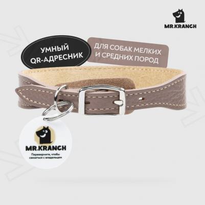 Ошейник для собак из натуральной кожи с QR-адресником, 30-35см, бежевый VLT-MKR174720