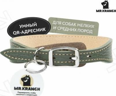 ошейник для собак мелких и средних пород, с QR-адресником, натуральная кожа, оливковый - 33-40 см повседневный для всех возрастов породы мелкого